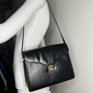 Capacci Ostrich Embossed Leather Vintage Large Structured Shoulder Bag